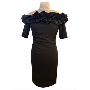 Xscape Off-the-Shoulder Ruffle Neck Short Sleeve Stretch Scuba Crepe Dress 10P